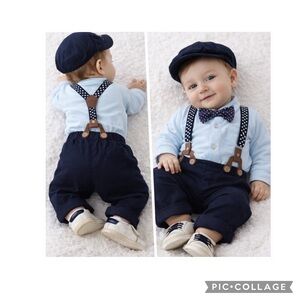 NEW INFANT BABY BOY GENTLEMAN DRESS SUIT 3-6 MONTHS SUSPENDER BOWTIE BERET